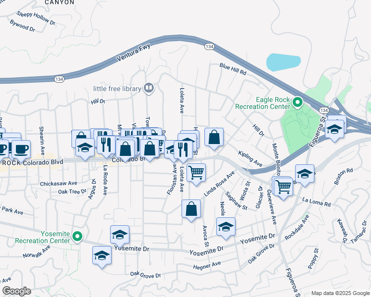 map of restaurants, bars, coffee shops, grocery stores, and more near 5130 Loleta Avenue in Los Angeles