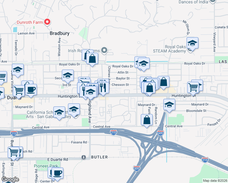 map of restaurants, bars, coffee shops, grocery stores, and more near 1937 Huntington Drive in Duarte