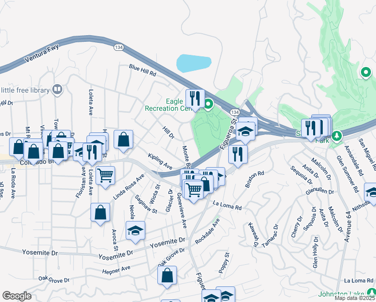 map of restaurants, bars, coffee shops, grocery stores, and more near 5134 Monte Bonito Drive in Los Angeles