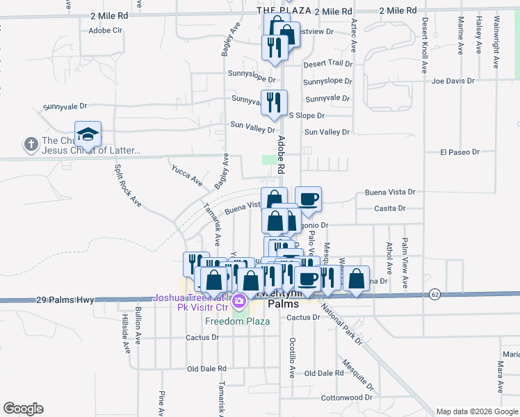 map of restaurants, bars, coffee shops, grocery stores, and more near 6250 Cholla Avenue in Twentynine Palms