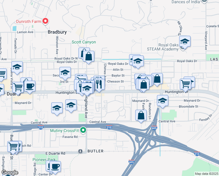 map of restaurants, bars, coffee shops, grocery stores, and more near in Duarte