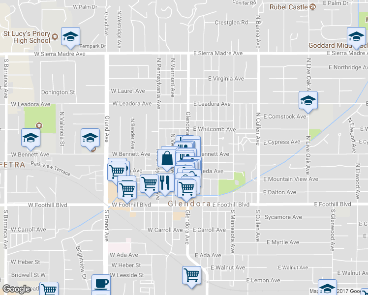 map of restaurants, bars, coffee shops, grocery stores, and more near 303 North Glendora Avenue in Glendora