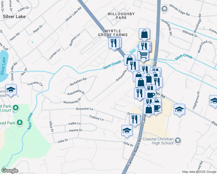 map of restaurants, bars, coffee shops, grocery stores, and more near 147 Antoinette Drive in Wilmington