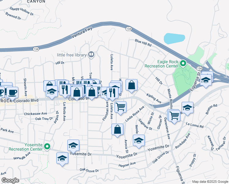 map of restaurants, bars, coffee shops, grocery stores, and more near 5130 Loleta Avenue in Los Angeles