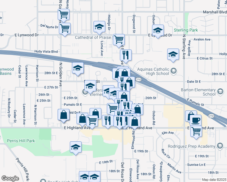 map of restaurants, bars, coffee shops, grocery stores, and more near 6262 Del Rosa Avenue North in San Bernardino