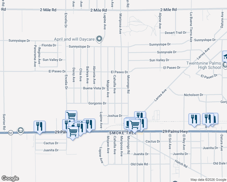 map of restaurants, bars, coffee shops, grocery stores, and more near 6226 Cahuilla Avenue in Twentynine Palms