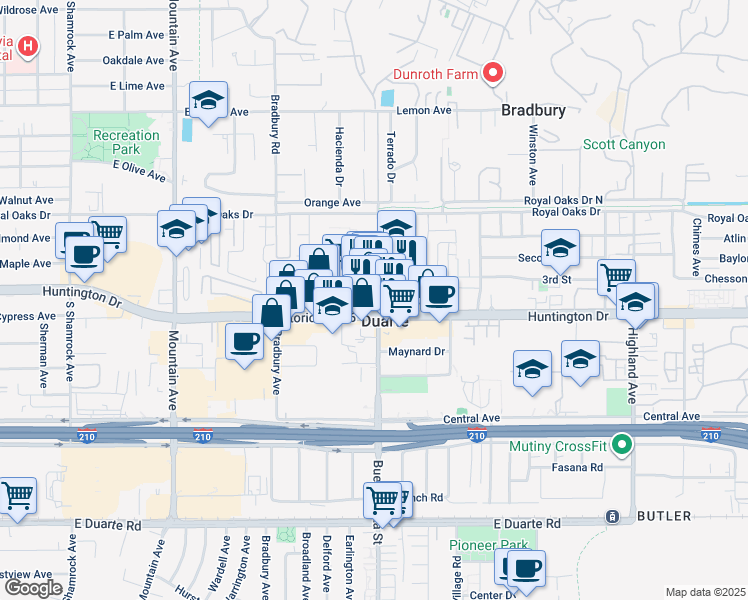 map of restaurants, bars, coffee shops, grocery stores, and more near in Duarte