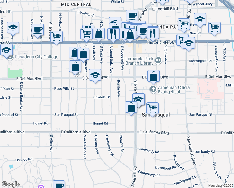 map of restaurants, bars, coffee shops, grocery stores, and more near 335 Bonita Avenue in Pasadena