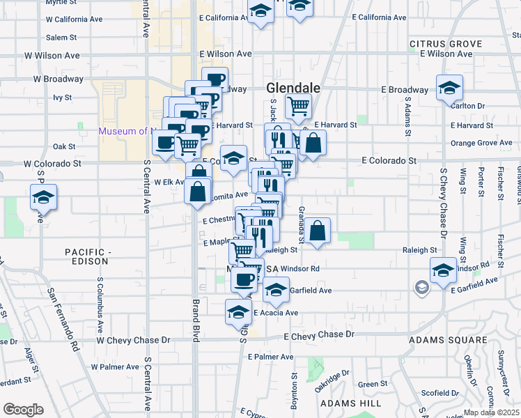 map of restaurants, bars, coffee shops, grocery stores, and more near 407 East Chestnut Street in Glendale