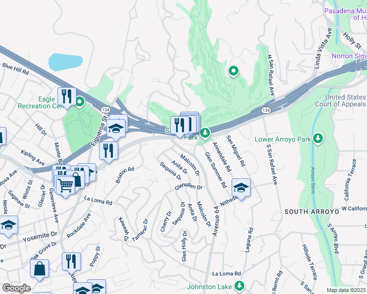 map of restaurants, bars, coffee shops, grocery stores, and more near 54 Avenue 64 in Pasadena