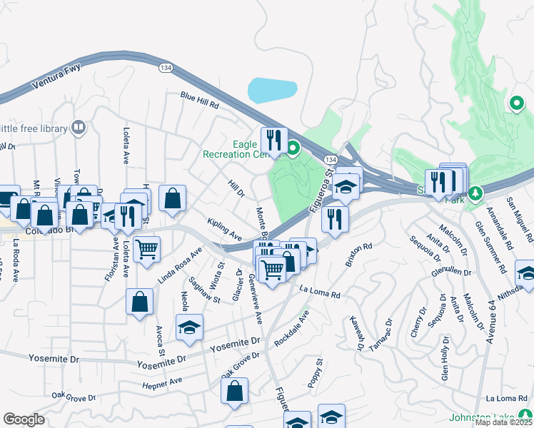 map of restaurants, bars, coffee shops, grocery stores, and more near 5134 Monte Bonito Drive in Los Angeles