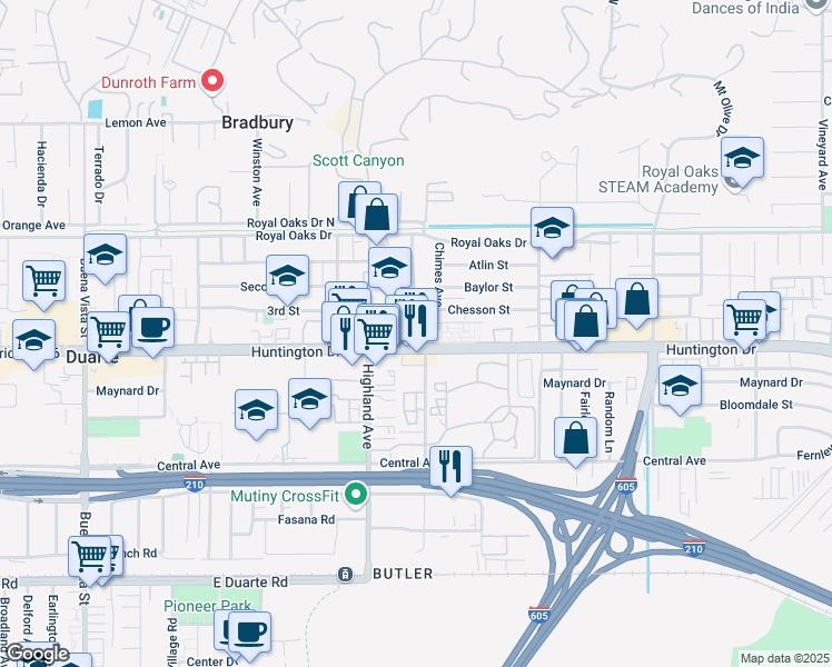 map of restaurants, bars, coffee shops, grocery stores, and more near 1849 Huntington Drive in Duarte