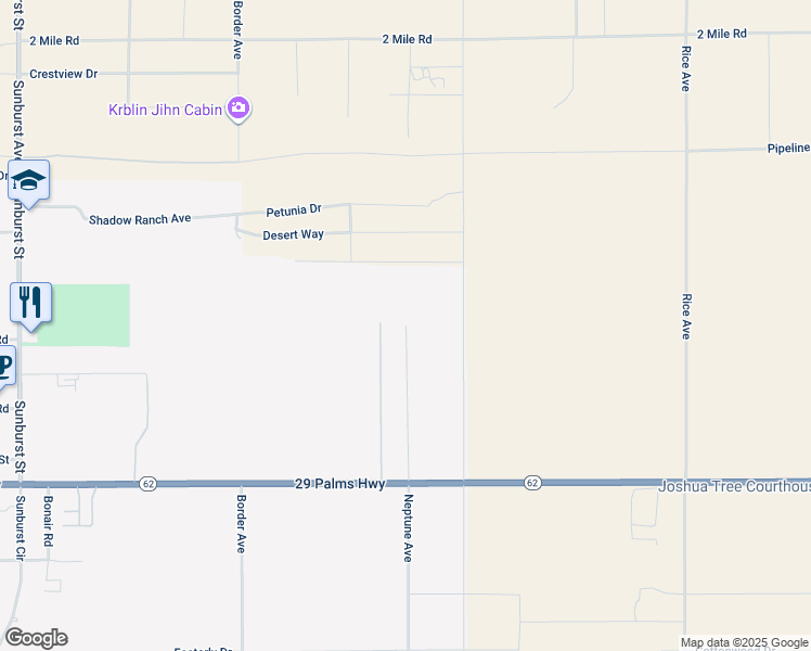 map of restaurants, bars, coffee shops, grocery stores, and more near Neptune Avenue in Joshua Tree