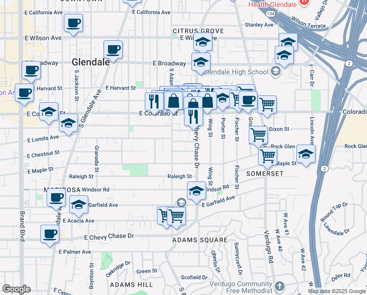 map of restaurants, bars, coffee shops, grocery stores, and more near 1123 East Chestnut Street in Glendale