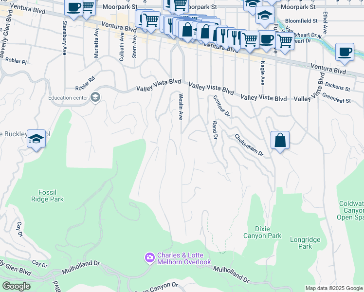 map of restaurants, bars, coffee shops, grocery stores, and more near 3920 Weslin Avenue in Los Angeles