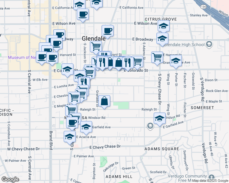 map of restaurants, bars, coffee shops, grocery stores, and more near 705 East Chestnut Street in Glendale