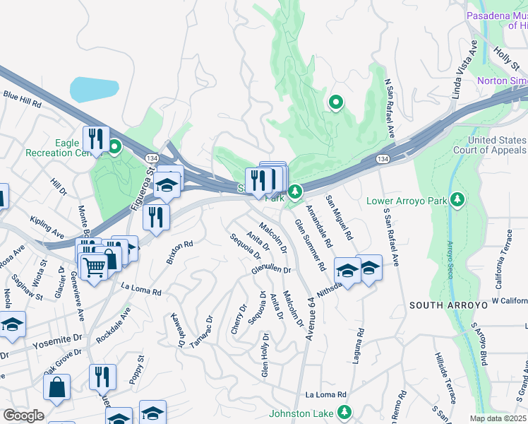 map of restaurants, bars, coffee shops, grocery stores, and more near 54 Avenue 64 in Pasadena