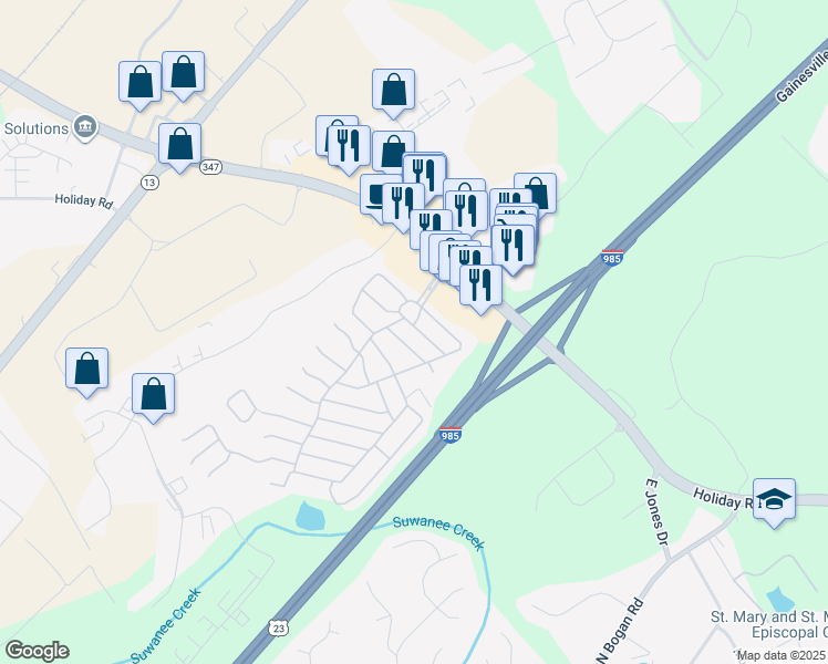map of restaurants, bars, coffee shops, grocery stores, and more near 4922 Holly Lane in Buford