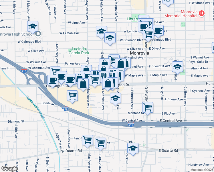 map of restaurants, bars, coffee shops, grocery stores, and more near 336 Huntington Drive in Monrovia
