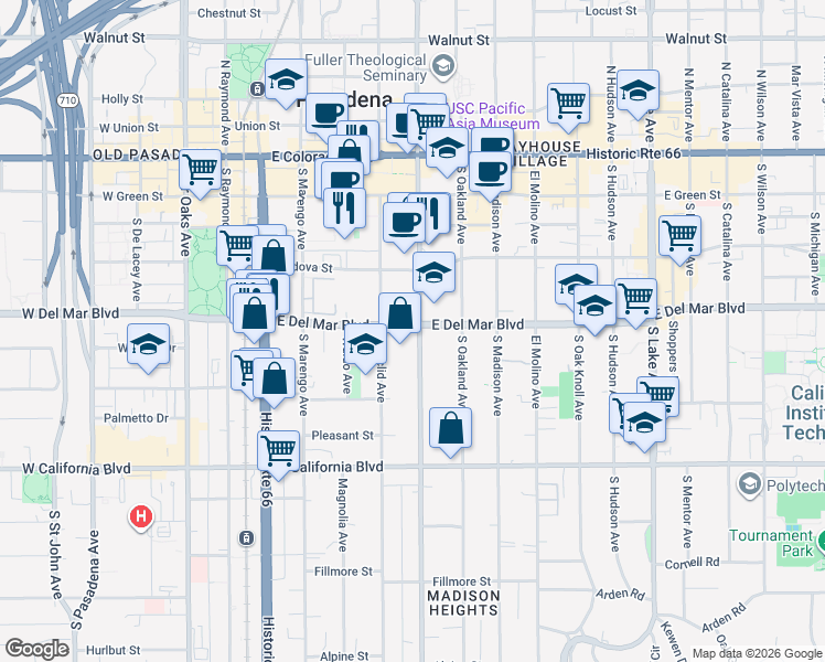 map of restaurants, bars, coffee shops, grocery stores, and more near 325 South Los Robles Avenue in Pasadena