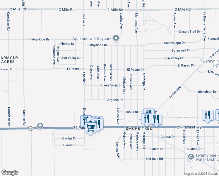map of restaurants, bars, coffee shops, grocery stores, and more near 6214 Abronia Avenue in Twentynine Palms