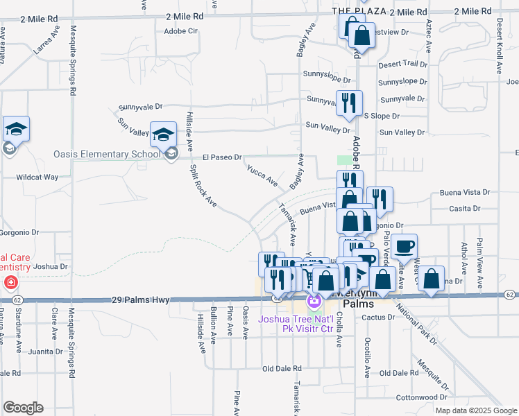 map of restaurants, bars, coffee shops, grocery stores, and more near 6384 Bagley Avenue in Twentynine Palms
