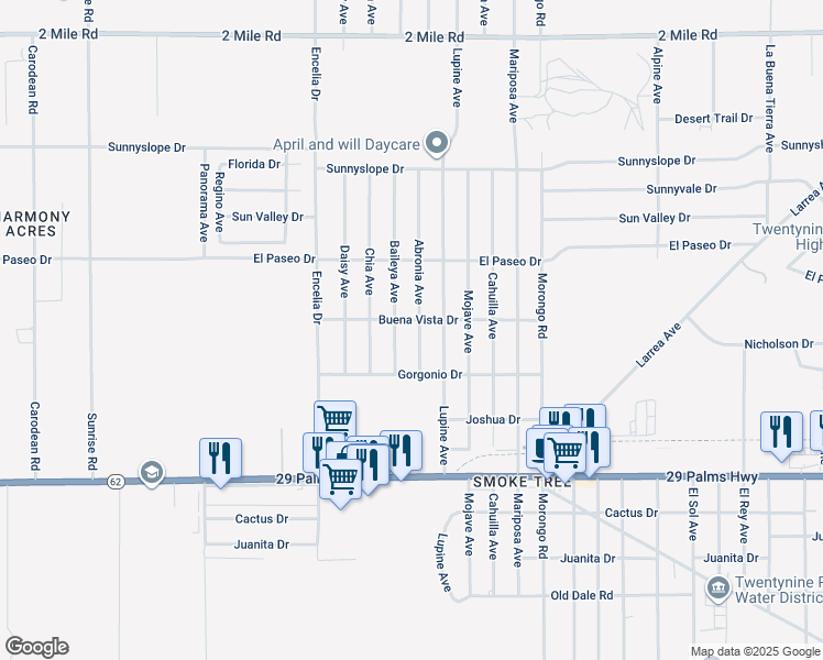 map of restaurants, bars, coffee shops, grocery stores, and more near 6233 Abronia Avenue in Twentynine Palms
