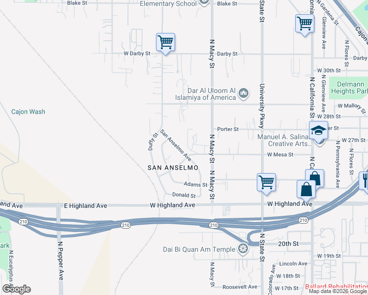 map of restaurants, bars, coffee shops, grocery stores, and more near 2611 San Anselmo Avenue in San Bernardino