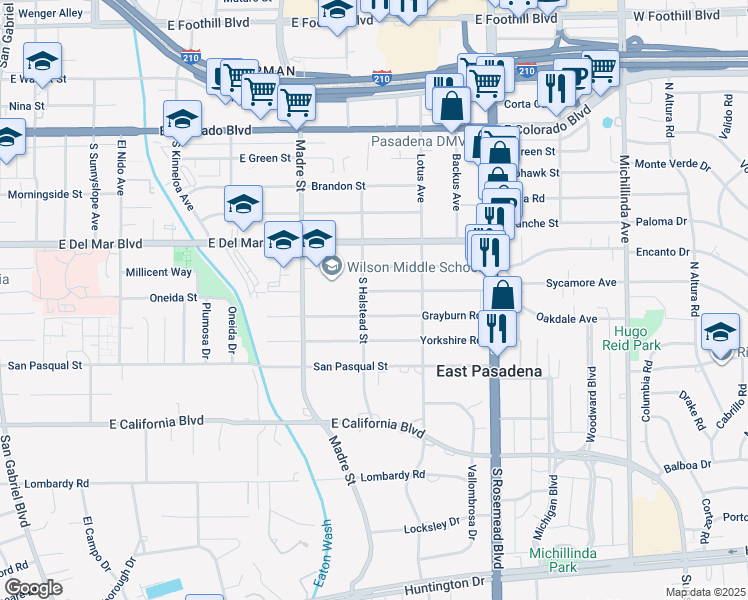 map of restaurants, bars, coffee shops, grocery stores, and more near 3521 Grayburn Road in Pasadena