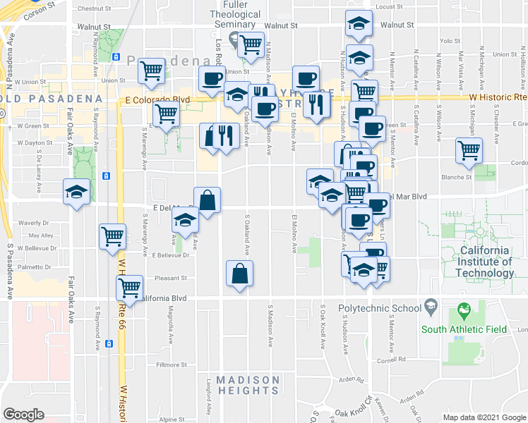 map of restaurants, bars, coffee shops, grocery stores, and more near 343 South Madison Avenue in Pasadena