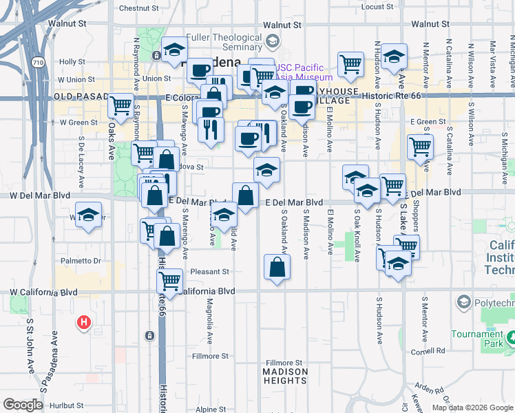 map of restaurants, bars, coffee shops, grocery stores, and more near 335 South Los Robles Avenue in Pasadena
