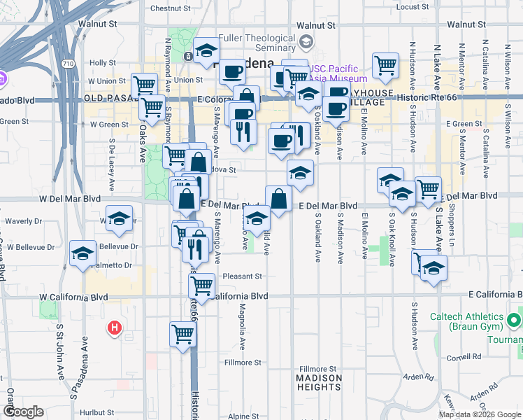 map of restaurants, bars, coffee shops, grocery stores, and more near 350 East Del Mar Boulevard in Pasadena