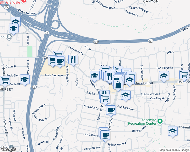map of restaurants, bars, coffee shops, grocery stores, and more near 2369 Colorado Boulevard in Los Angeles