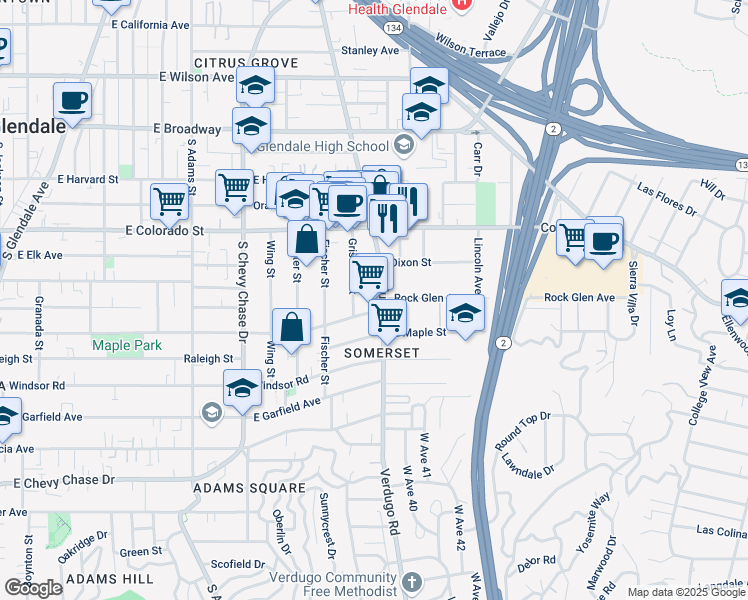 map of restaurants, bars, coffee shops, grocery stores, and more near 520 Griswold Street in Glendale