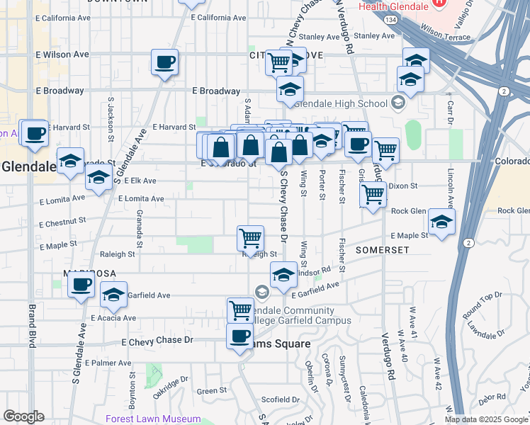 map of restaurants, bars, coffee shops, grocery stores, and more near 1131 East Chestnut Street in Glendale