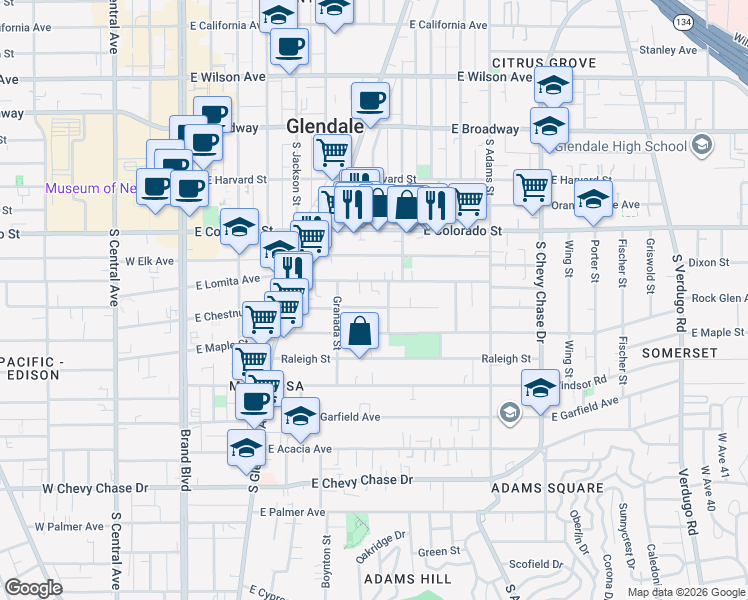 map of restaurants, bars, coffee shops, grocery stores, and more near 705 East Chestnut Street in Glendale