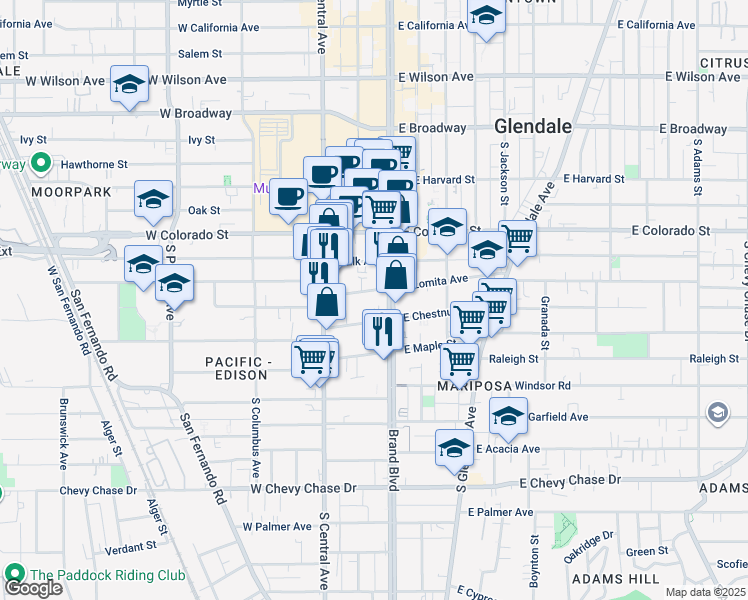 map of restaurants, bars, coffee shops, grocery stores, and more near 108 West Lomita Avenue in Glendale