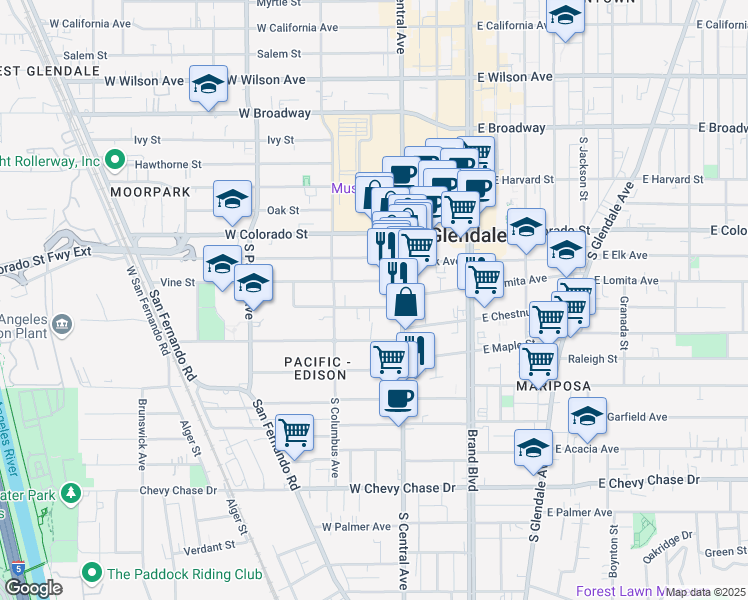 map of restaurants, bars, coffee shops, grocery stores, and more near 445 South Central Avenue in Glendale