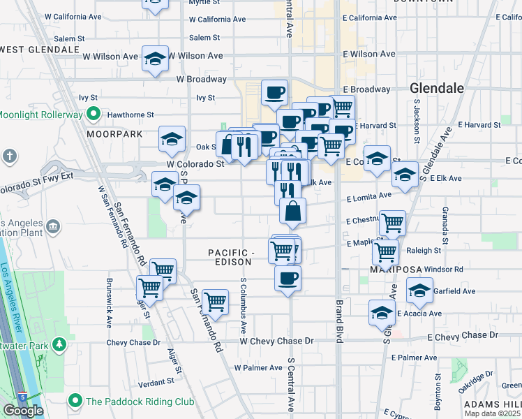 map of restaurants, bars, coffee shops, grocery stores, and more near 349 West Lomita Avenue in Glendale