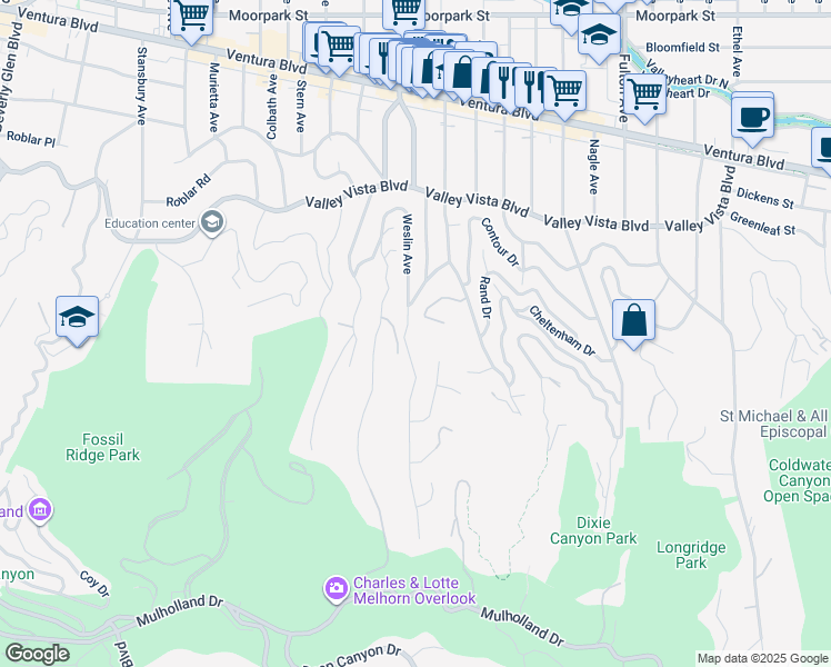 map of restaurants, bars, coffee shops, grocery stores, and more near 3920 Weslin Avenue in Los Angeles