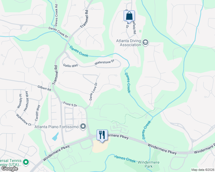 map of restaurants, bars, coffee shops, grocery stores, and more near 5412 Landsdowne Court in Cumming