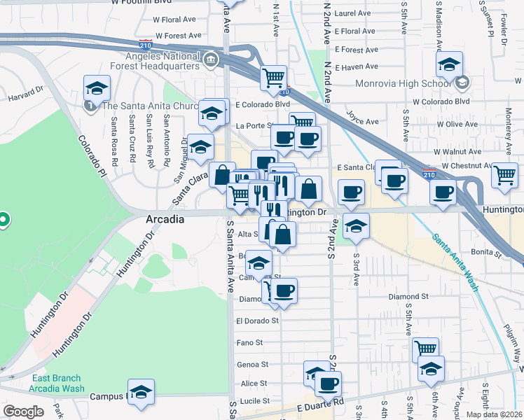 map of restaurants, bars, coffee shops, grocery stores, and more near 45 East Huntington Drive in Arcadia