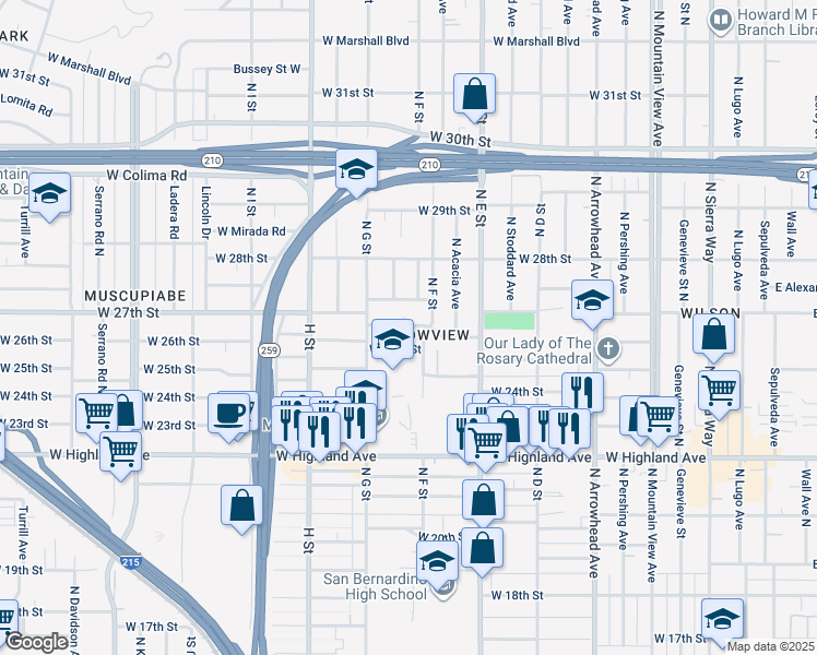 map of restaurants, bars, coffee shops, grocery stores, and more near in San Bernardino