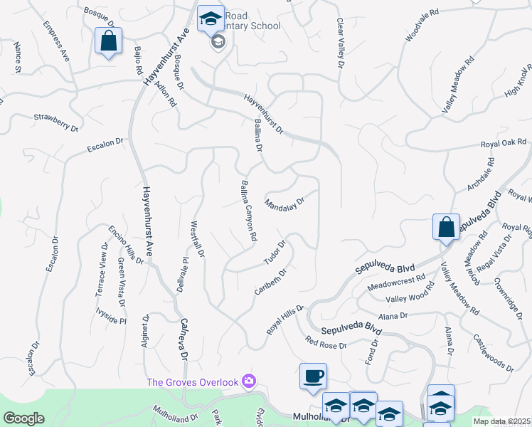 map of restaurants, bars, coffee shops, grocery stores, and more near 16350 Mandalay Drive in Los Angeles