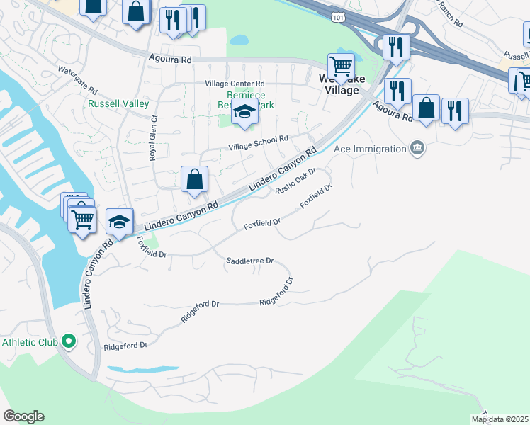 map of restaurants, bars, coffee shops, grocery stores, and more near 31673 Foxfield Drive in Westlake Village