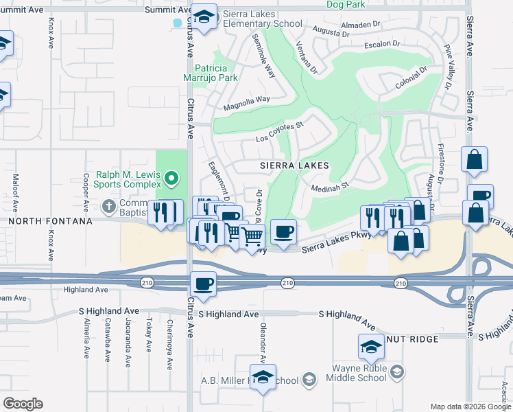 map of restaurants, bars, coffee shops, grocery stores, and more near 16266 Ladybird Way in Fontana