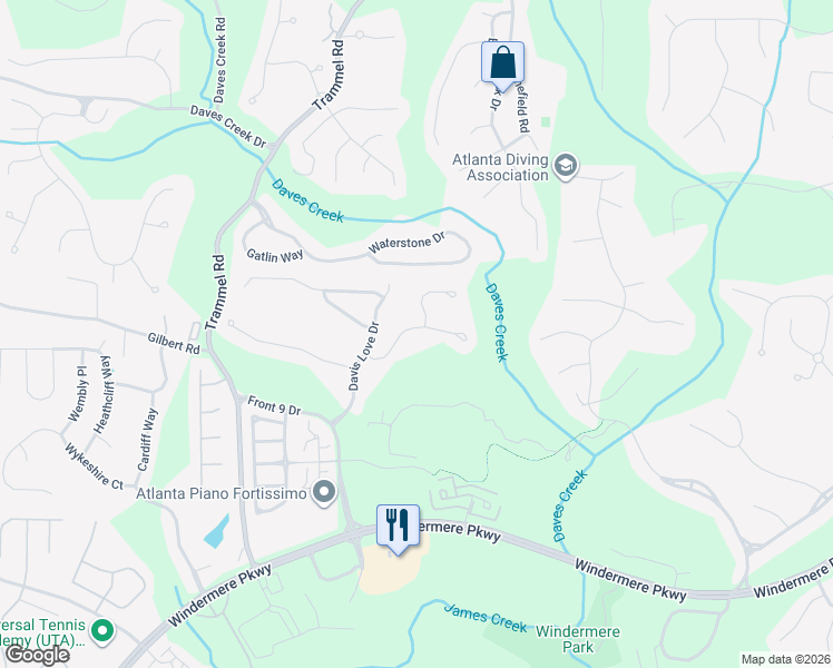 map of restaurants, bars, coffee shops, grocery stores, and more near 5412 Landsdowne Court in Cumming