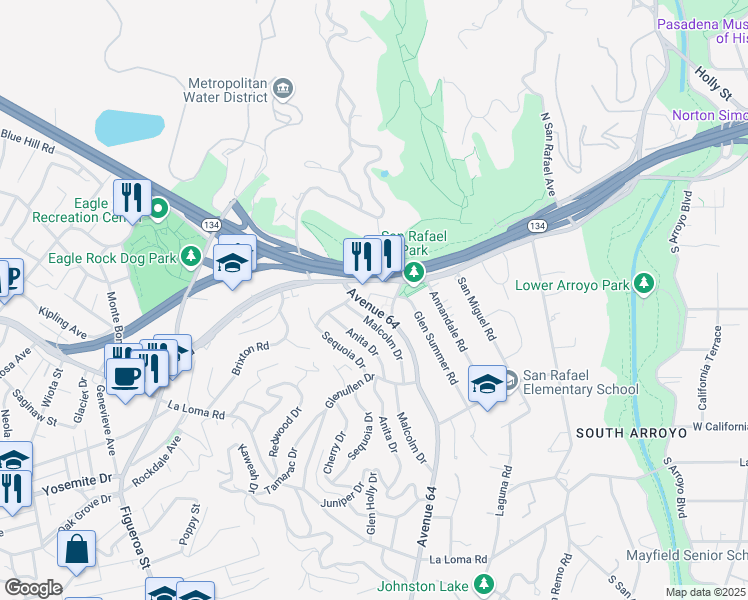 map of restaurants, bars, coffee shops, grocery stores, and more near 62 Avenue 64 in Pasadena
