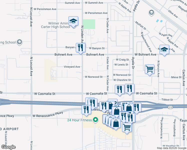 map of restaurants, bars, coffee shops, grocery stores, and more near 1422 West Norwood Street in Rialto