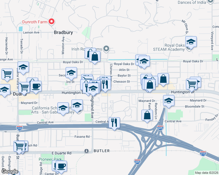 map of restaurants, bars, coffee shops, grocery stores, and more near 1919 Huntington Drive in Duarte